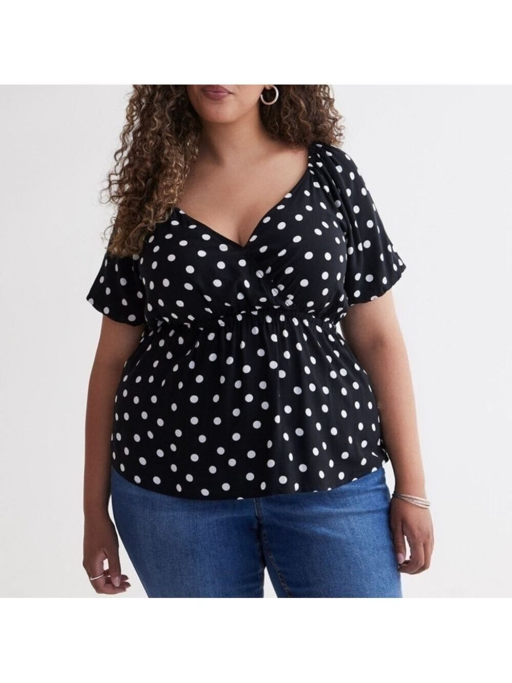 1X - PENN. | Printed Dotted Faux-Wrap Blouse with Balloon Sleeves